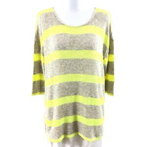 Three Dots Womens Sweater Pullover Oversized Striped 3/4 Sleeve Yellow Beige S